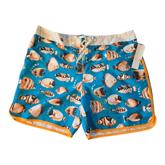 Sperry Top Sider Board Swim Trunks Men 38 Blue Orange Fish Graphic New - Picture 1 of 16